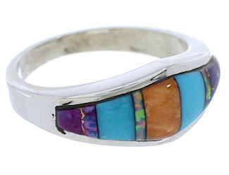 Southwestern Multicolor Inlay Silver Ring Size 5-3/4 EX51013